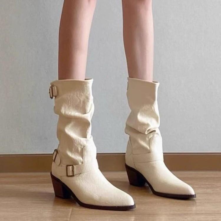 Boots Women's Summer 2025 New Premium Belt Buckle Martin Boots Pointed Thick Heel Pile Boots Western Cowboy Boots