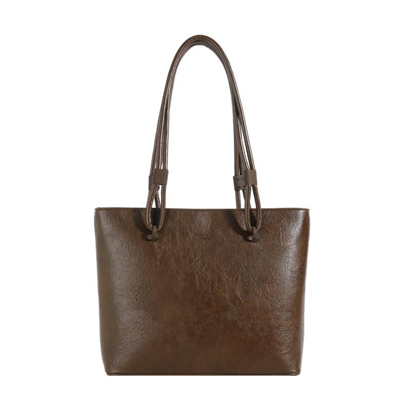 Retro PU Leather Bucket Tote Bag Large Capacity Simple Textured Shoulder Bag for Women's Commuting