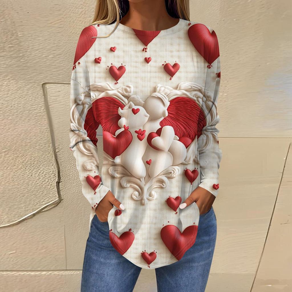 Damenmode Lockerer Rundhals Bedrucktes Langarm T-Shirt Top