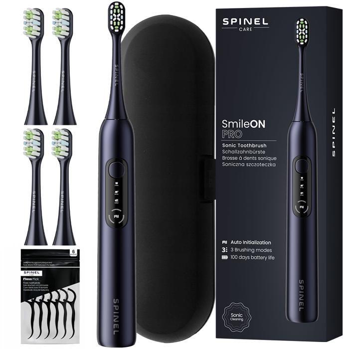 Brosse à dents sonique - Spinel - SmileON PRO - noire avec étui de voyage et 4 têtes de rechange
