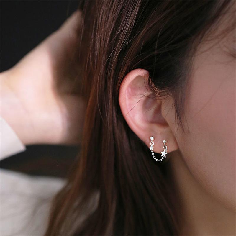 New copper Color Chain Tiny Star Pendants Women's Mini Tassel Earrings Two Studs Punk Personality Ear Decoration Unusual Earring