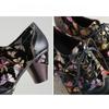 Johnature Ethnic Style High-heeled Pumps Genuine Leather Patchwork Jacquard Fabric Thick Heel Women's Shoes