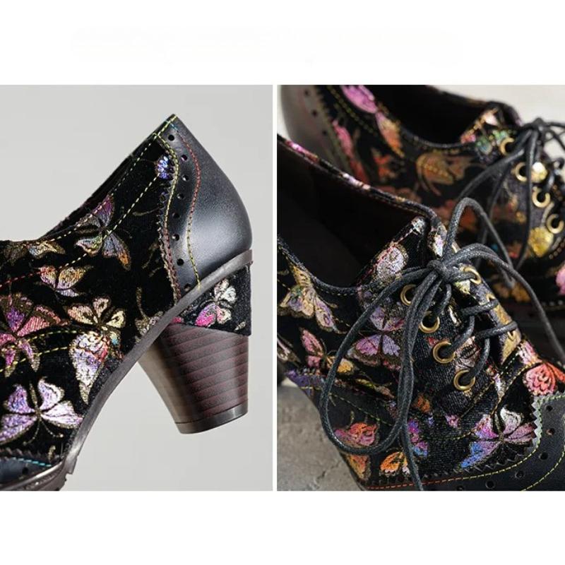 Johnature Ethnic Style High-heeled Pumps Genuine Leather Patchwork Jacquard Fabric Thick Heel Women's Shoes