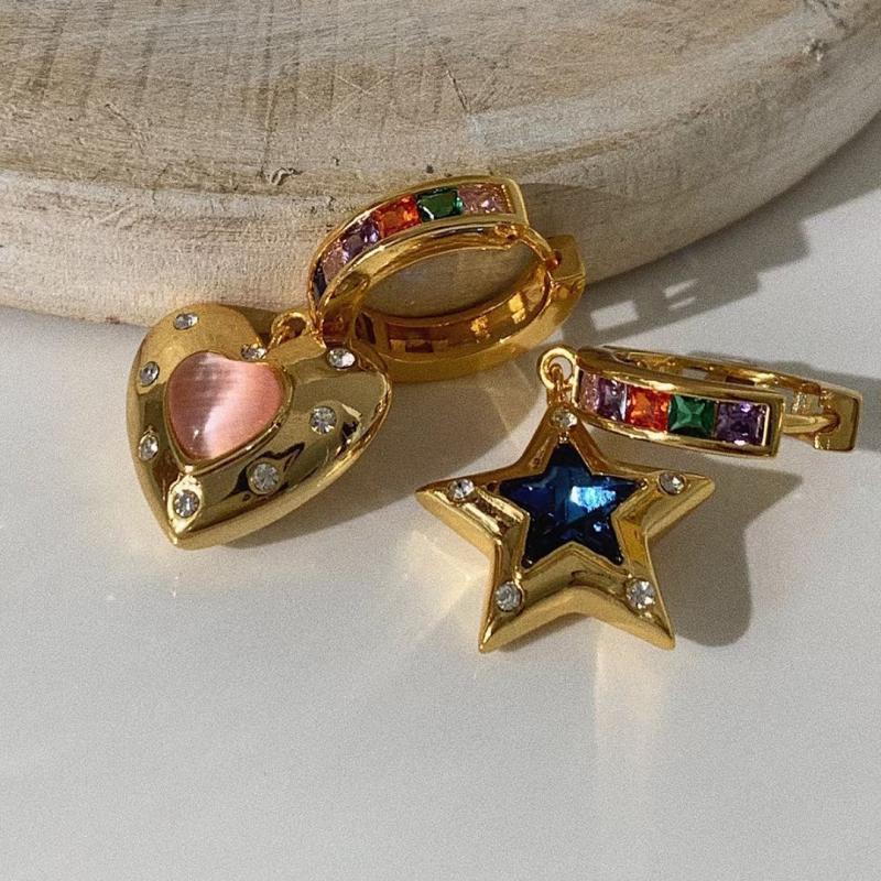 Exquisite Romantic Colorful Stone Heart Shaped Stars Asymmetric Earrings Fashionable Elegant Personality Women