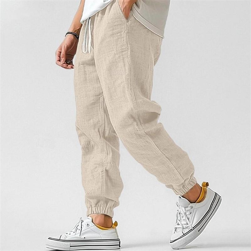 Men High Quality Cotton Linen Casual Pants Elastic Waist Solid Color Breathable Comfortable Straight Leg Cuffed Trousers