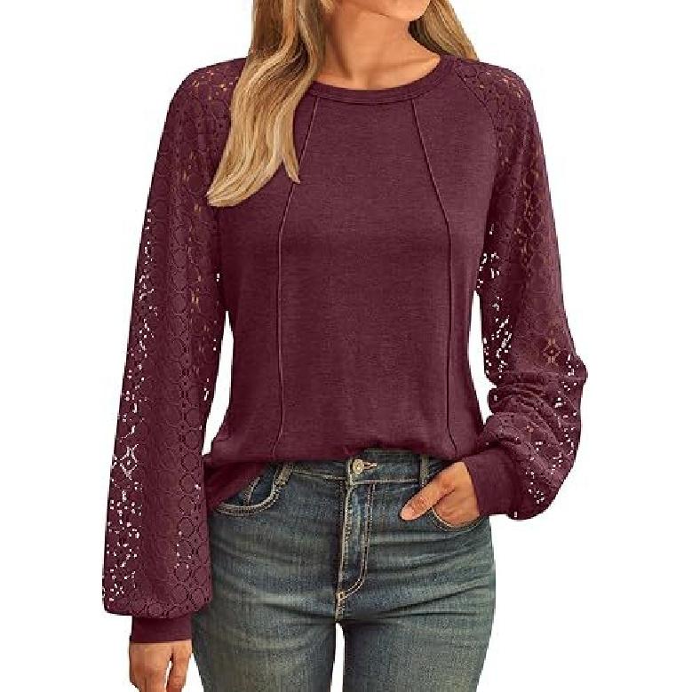 

2026 Autumn/Winter Women s Lace Patchwork Round Neck Pleated Long Sleeve Top XXL вина червоного кольору
