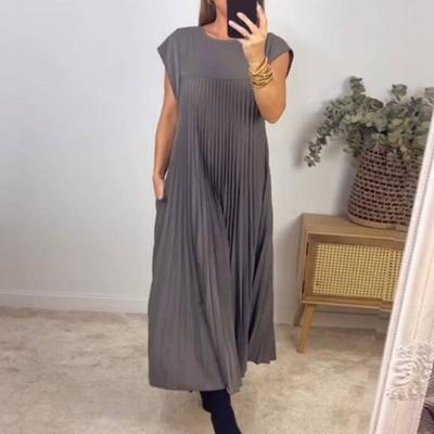 Sommerkleid für Damen, plissiert, Rundhalsausschnitt, einfarbig, lockere A-Linie, ärmellos, bis zur Mitte der Wade, weich, atmungsaktiv, Sommer-Midikleid für den Arbeitsweg