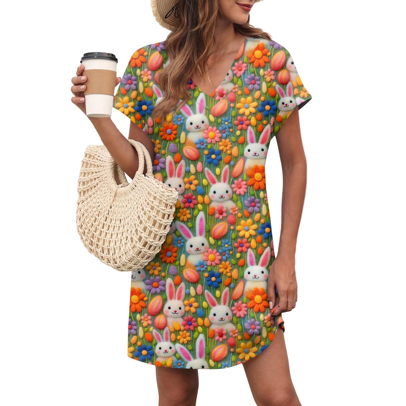 

Women s Casual Fashionable Sexy V-Neck Covered Sleeves Belted Pocket Easter Print Dress XL кавун червоний колір