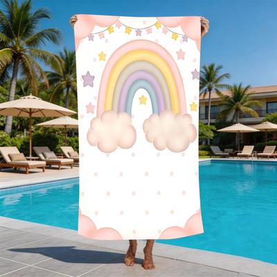Watercolor Cute Rainbow Cloud Microfiber Beach Towel Oversized Extra Large Pastel Pink Star Pool Blanket for Toddler Girls Kids
