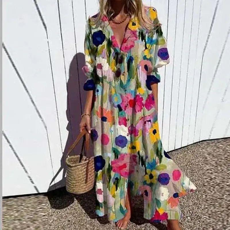 

2025 Women clothes Plus size Loose Vacation Long dress European and American Print Temperament Commuting Dress Summer Dress Figure 2 XXL