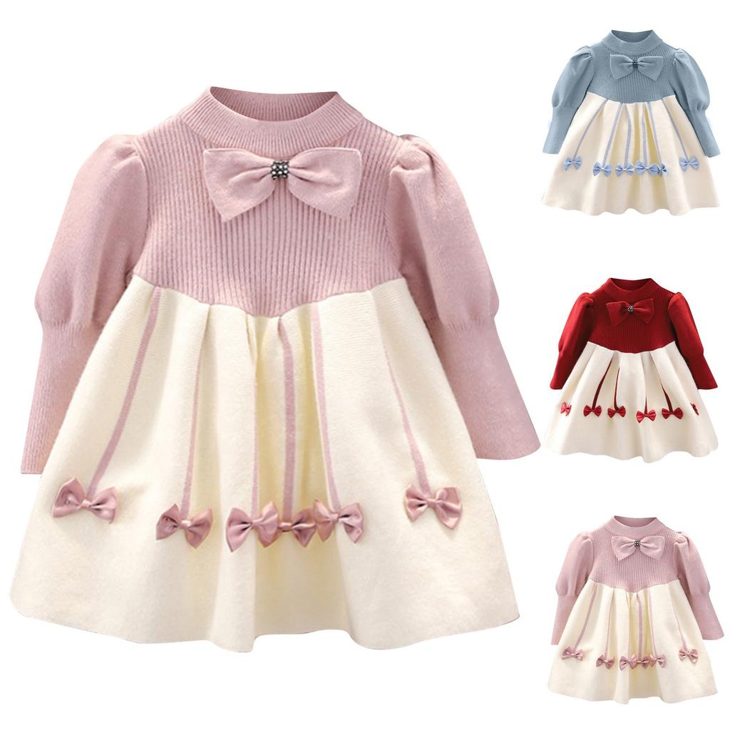 1 To 6T Kids Girls Floral Print Bowknot Dress Ribbed Round Necks Fall Dress  Girls