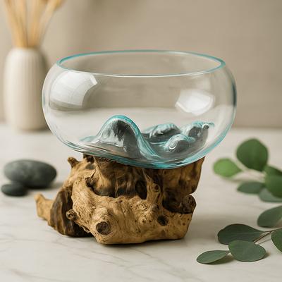 Molten Recycled Glass Bowl On Wood Base