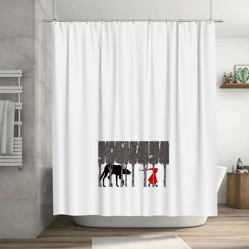 Red Riding Hood Forest Shower Curtain Gothic Horror Spooky Halloween Decor Vintage Landscape Washable Bathroom Fabric