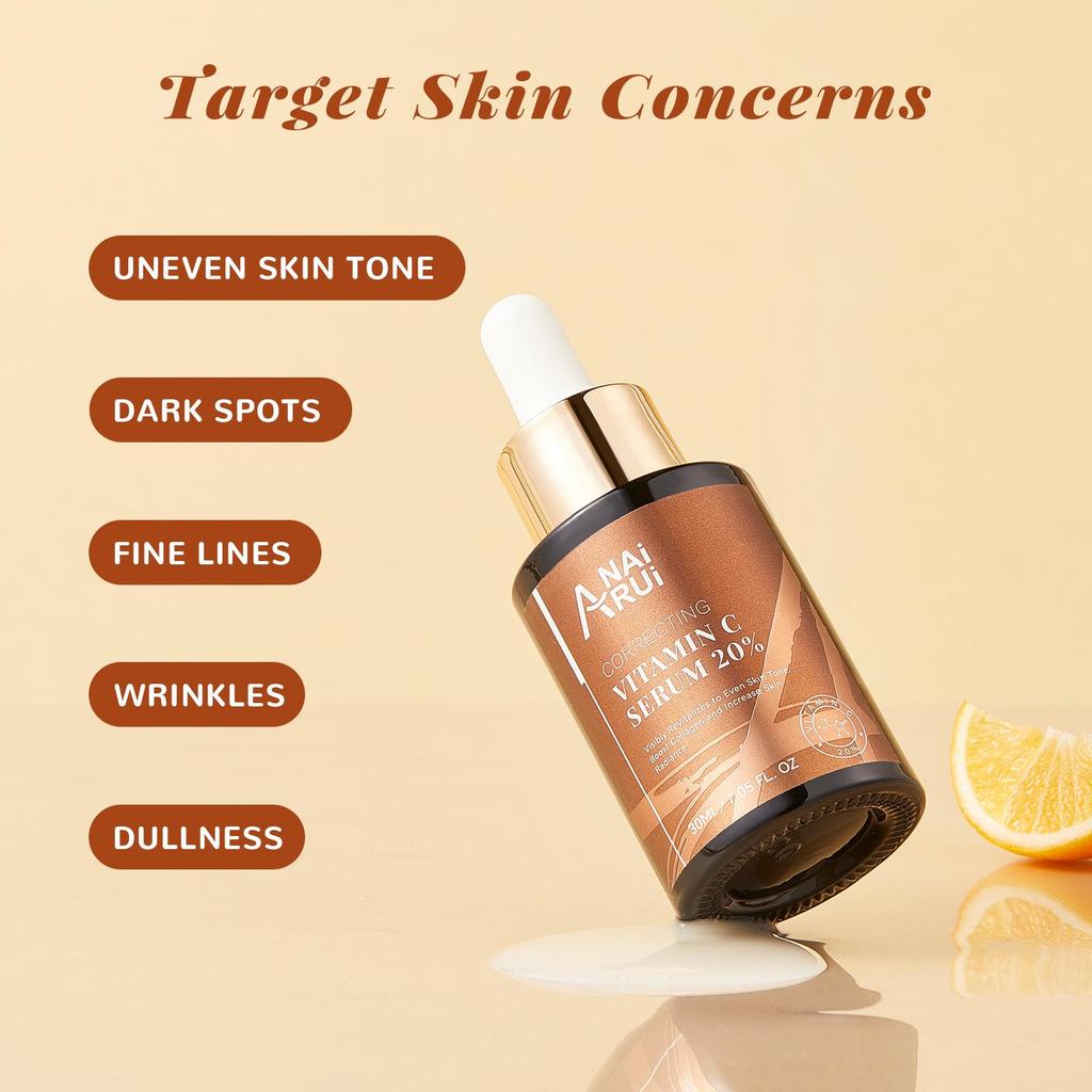 ANAiRUi 20% Vitamin C Facial Serum, Antioxidant Hydrating Skin Care with Hyaluronic Acid & Vitamin E 30ml