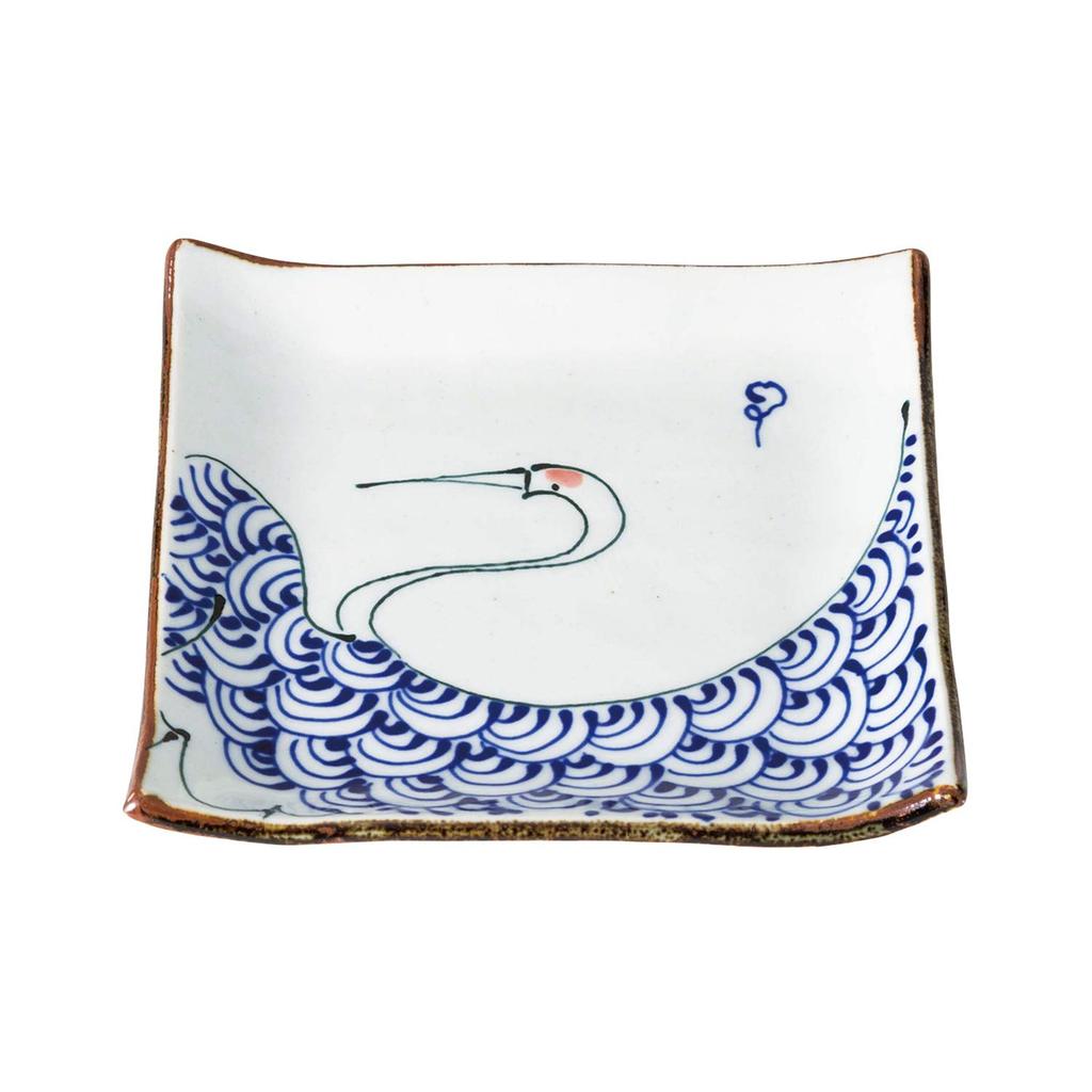 Nishikai Pottery Hasami Ware Kotohogi Square Plate with Crane Medium Design, 19783,