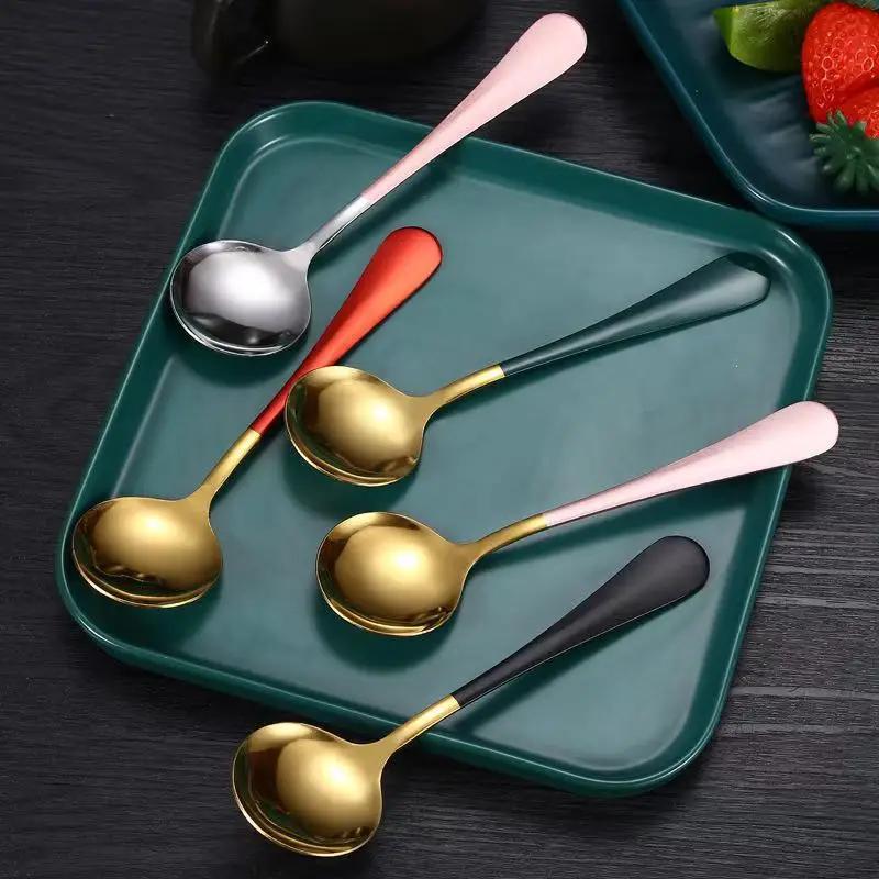17cm Stainless Steel Round Spoon Cute Dessert Spoon Coffee Children's Golden Silver Spoon Dessert Spoons Kitchen Soup