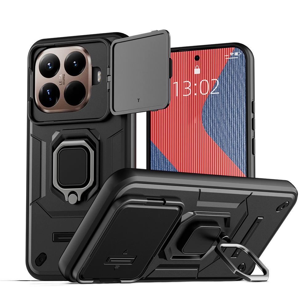 KEYSION Shockproof Armor Case for Xiaomi 15T Pro 5G Slide Camera Protection Metal Ring Stand Phone Back Cover for Xiaomi 15T 5G