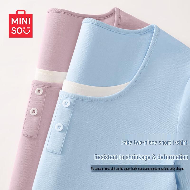 MINISO Women s Faux Two-Piece Henley Cropped T-Shirt L