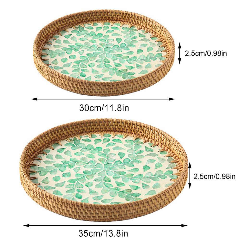 2pcs Handmade Rattan Tray Colorful Shell Fruit Plate Household Coffee Table Storage Tray Bread Snack Plate for Living