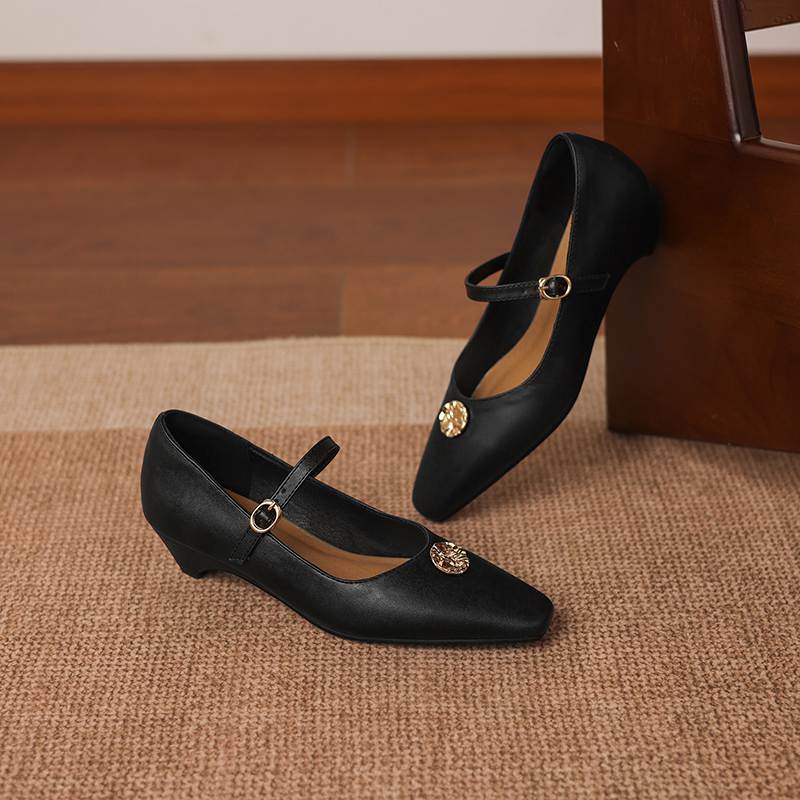 Krazing Pot Microfiber Square Toe Thick Med Heels Spring Summer Shoes Big Size 43 Metal flowers Women Shallow Pumps