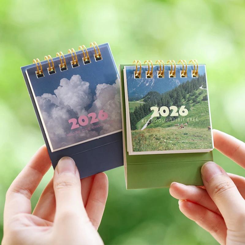 Calendário de Mesa Mini Paisagem 2026 Criativo Espiral Planejador Decoração de Mesa Papelaria de Escritório