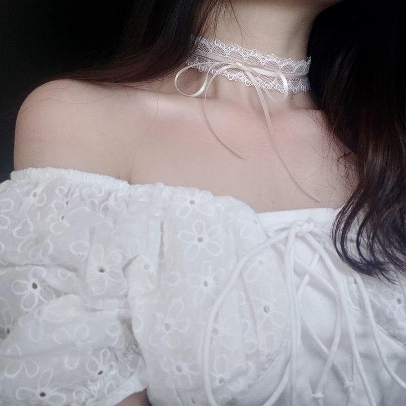 White Lace Bow Double Layer Hollow Versatile Clavicle Choker Necklace For Women