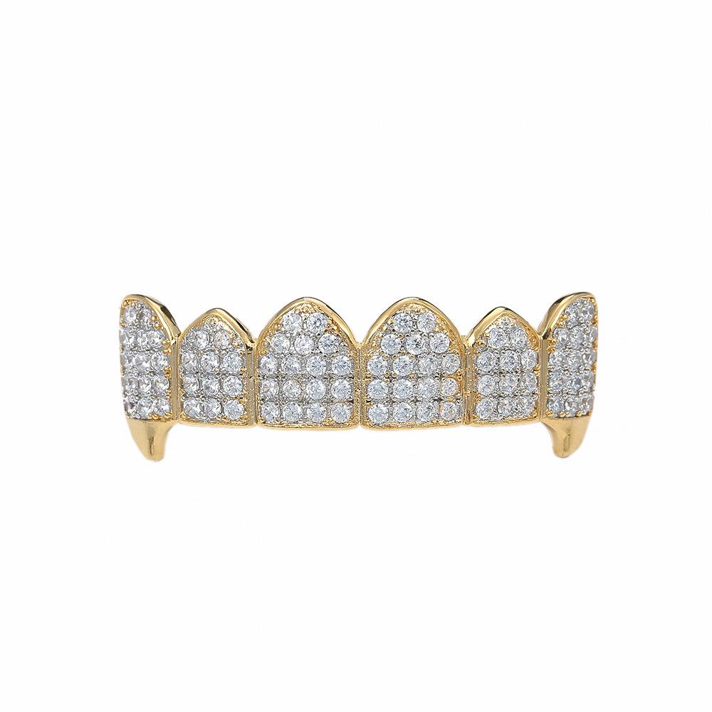 Hip Hop Iced Out Micro Pave CZ Teeth Grillz Top and Bottom Set 18k Gold Crystal Teeth Grills Hip Hop Jewelry for Men