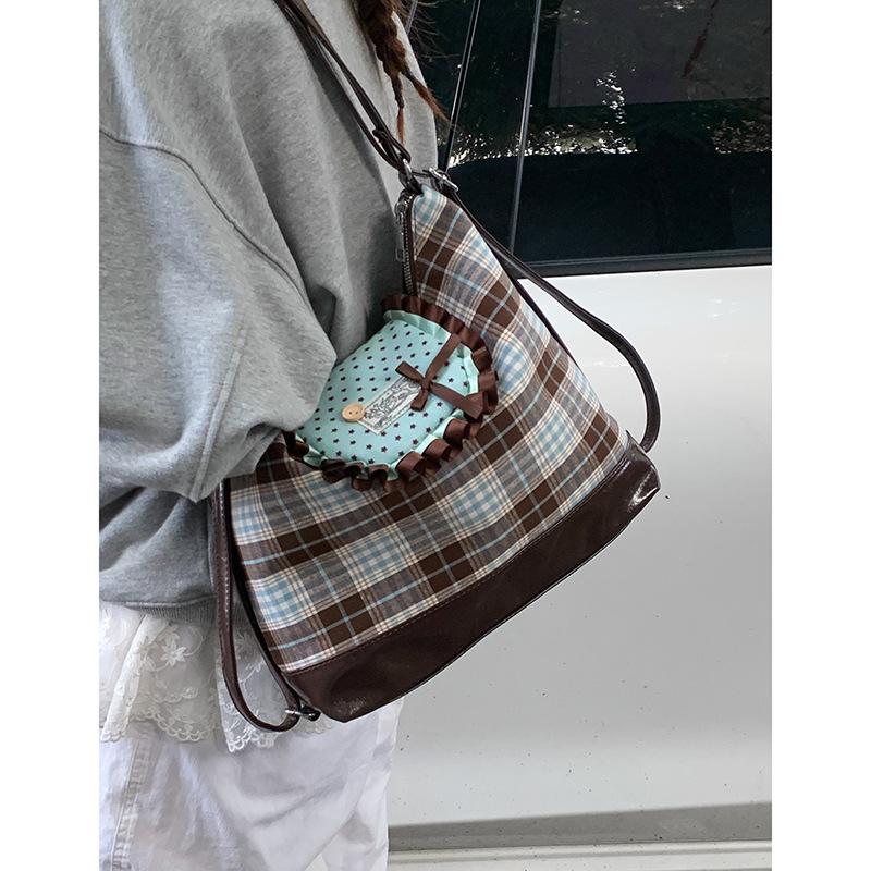 

Корейская клетчатая холщовая сумка через плечо женская 2025 новая милая сумка-тоут в студенческом стиле рюкзак большой вместимости мятный зеленый