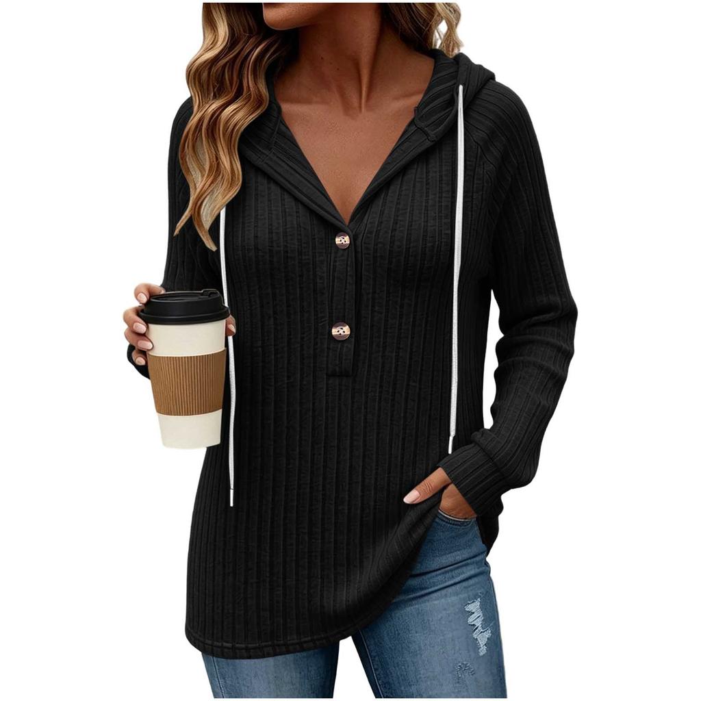 Women's Casual Long Sleeve Hooded V-Neck Loose Fit Top Color