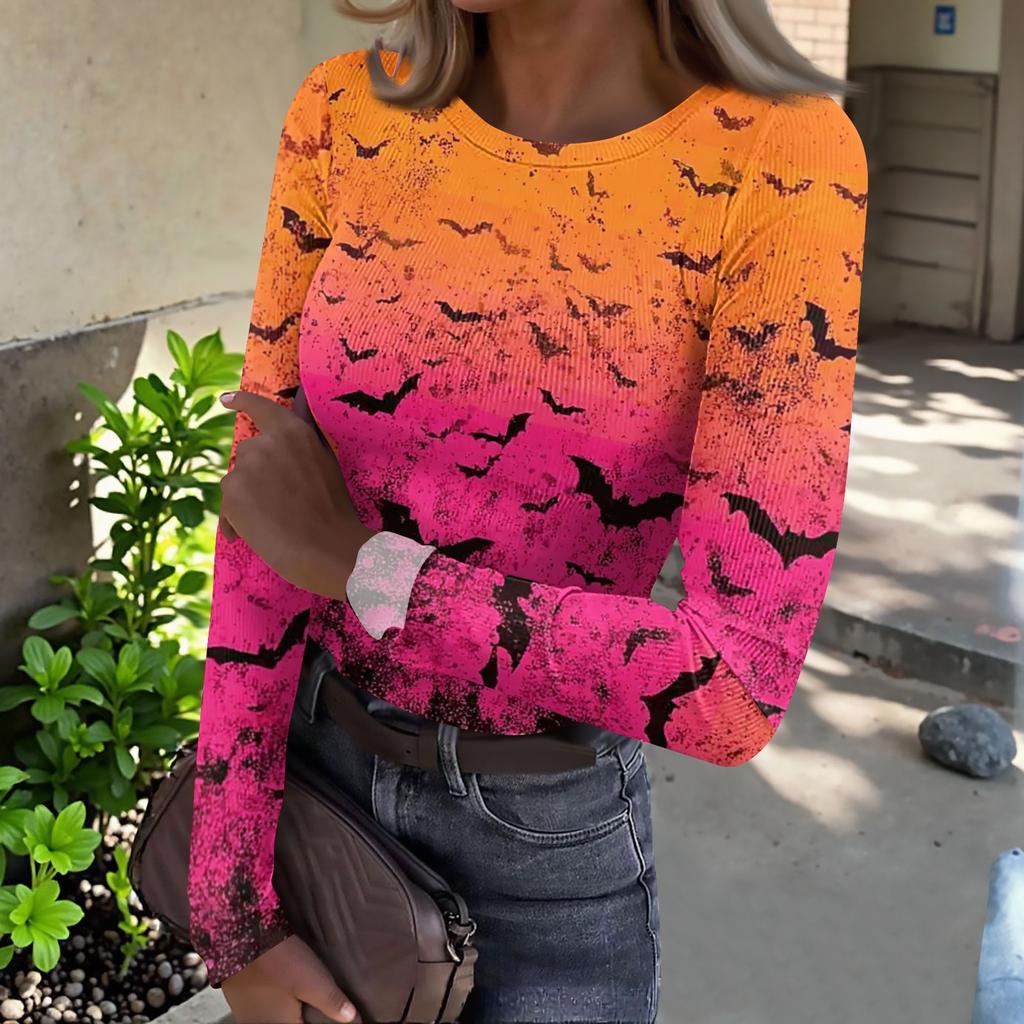Women's Casual Long Sleeve Ribbed Top Halloween Pumpkin Print Crew Neck Slim Fit Stretchy Lightweight Shirt for Fall