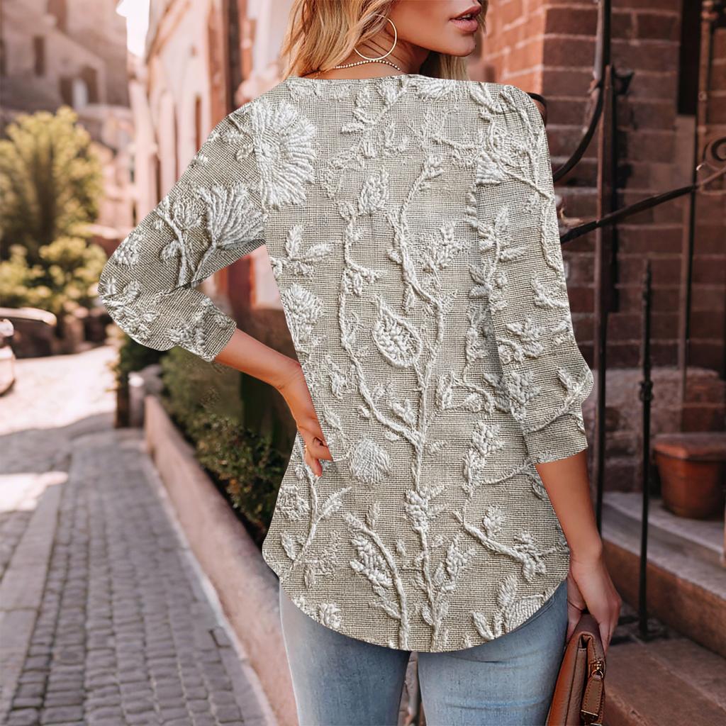 Women's Fashionable Casual Three,quarter Sleeve Button,down Retro Floral Round Neck Top