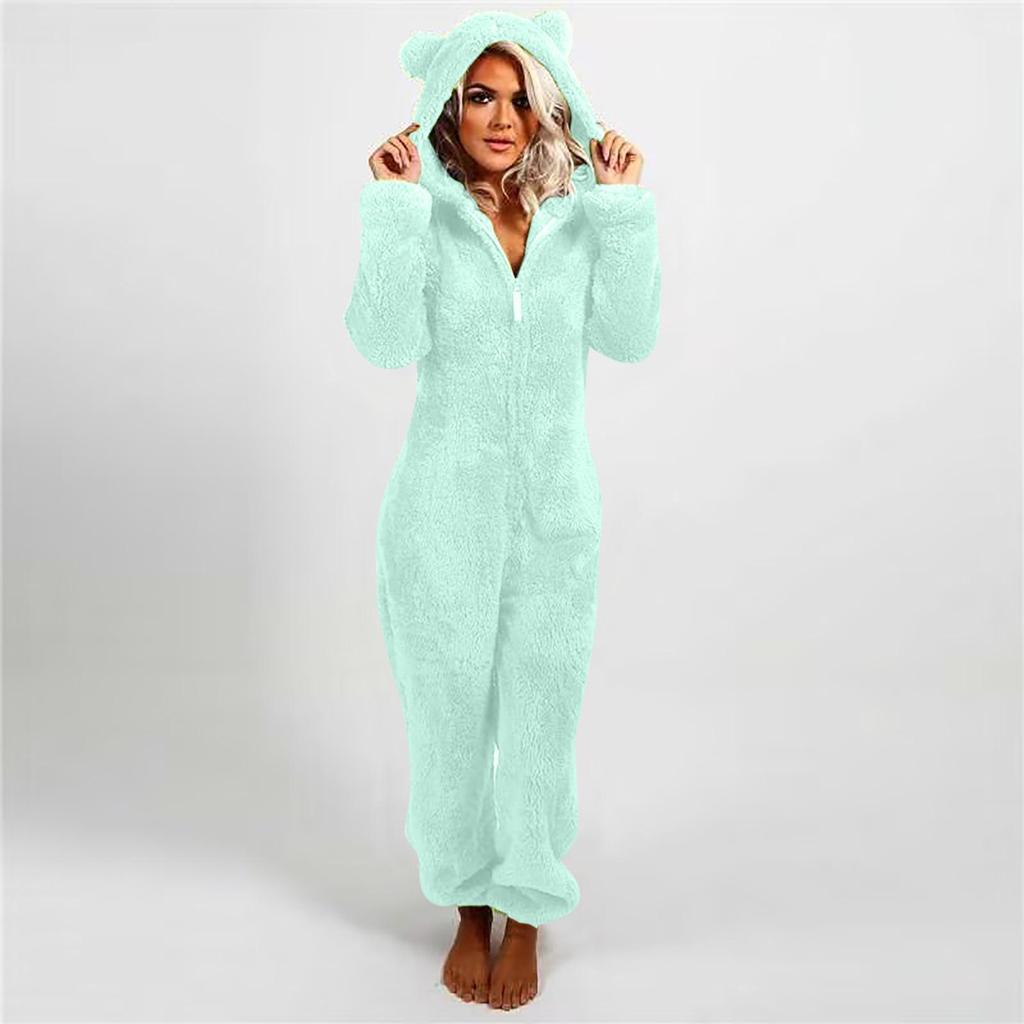 Dames Pluche Romper Herfst Winter Flanellen Pyjama Lange Mouw Rits Hoge Hals Muts Warmhouden Meisjeskleding Nachtkleding Loungewear