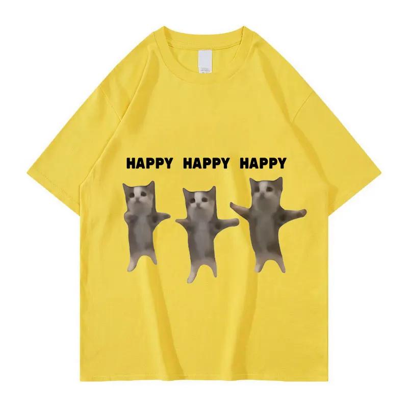 Cat Print T-shirt for Men and Women Happy Dancing Cat Print Short Sleeve Shirt Casual Cotton Fashion Plus Size Graphic T Shirts
