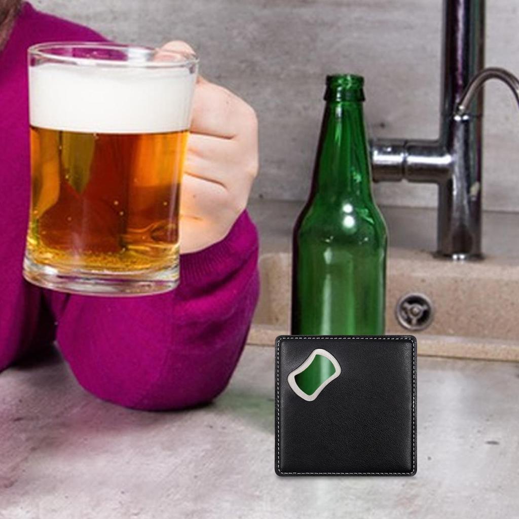 Multifunctional Square Leather Bottle Opener Coaster Handheld Can Openers Square Coaster Stainless Steel Bottle Opener