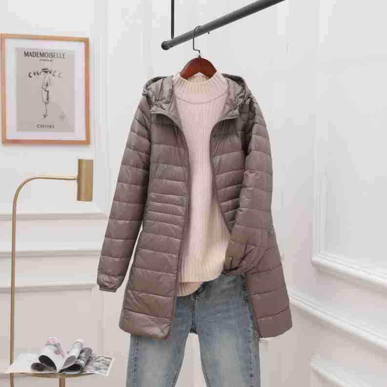 Women's Mid-Length Hooded Lightweight Down Jacket - Slimming Thin Plus Size Coat for Autumn/Winter 2023
