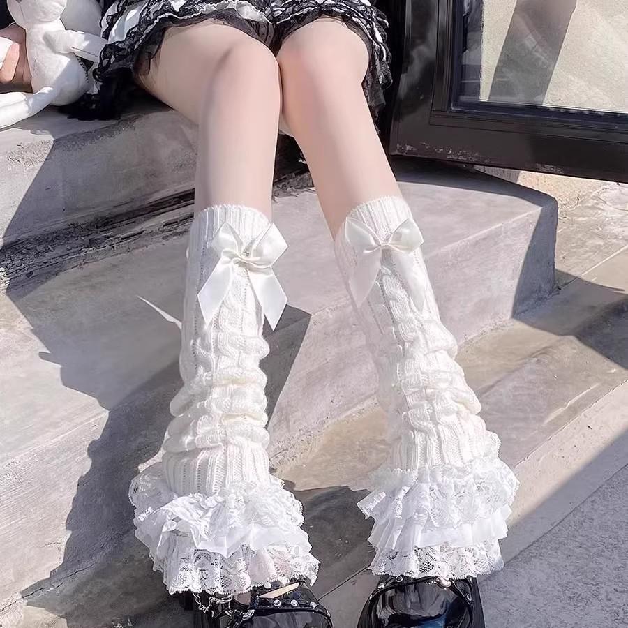 Calzini con Fiocchi e Volant a Motivo Floreale di Pizzo Lolita per Donna - Scaldamuscoli Giapponesi Carini a Metà Polpaccio