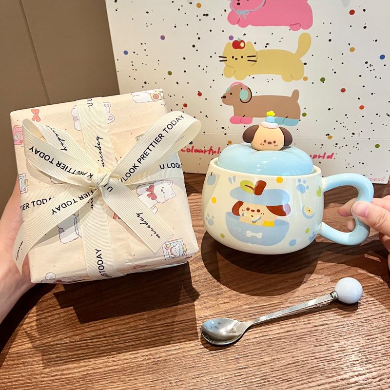 Apple Puppy Water Cup Super Beautiful Rabbit Ceramic Cup with Lid Spoon Couple Mug for Girls' Birthday Gift