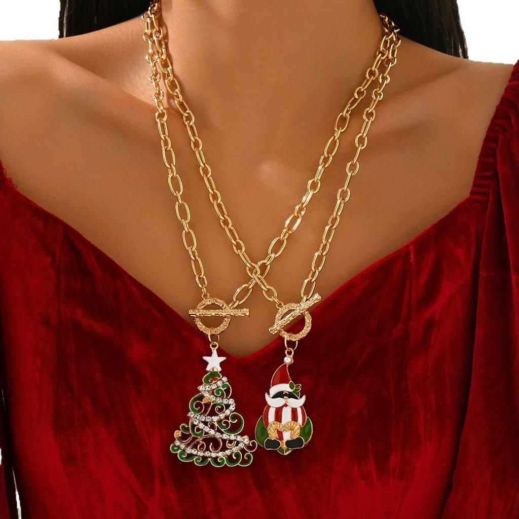 Women's Cartoon Enamel Christmas Tree & Santa Claus Pendant Necklace
