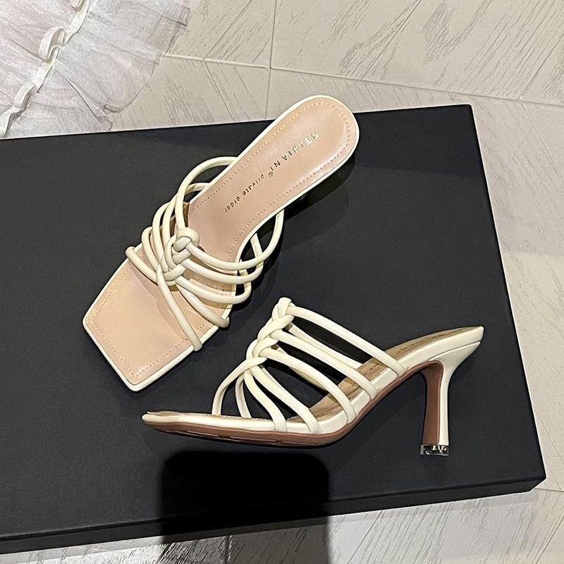 Vintage woven strappy high-heeled slippers women's thin-heeled square-toed sandals outer wear summer new