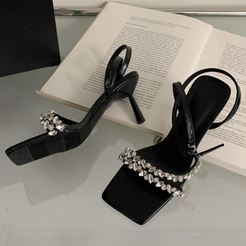 Fashion Luxury Rhinestone Ankle Strap Women Sandals High Quality Square Toe Buckle Thin Heel Slide Sandals Fashion Comfort Banquet Shoes