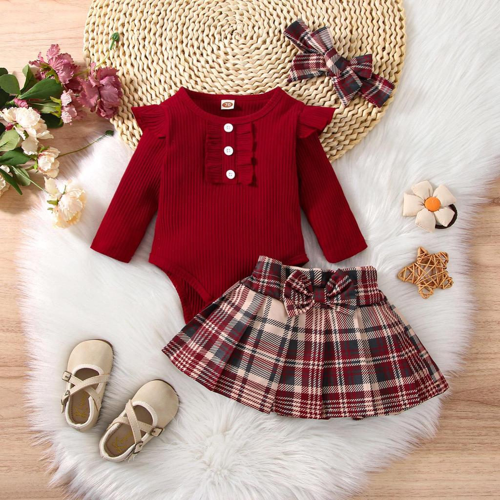 Factory 100% Cotton Baby Clothes Girls Summer College Style Baby Girl Romper Top Skirt Three Piece Set