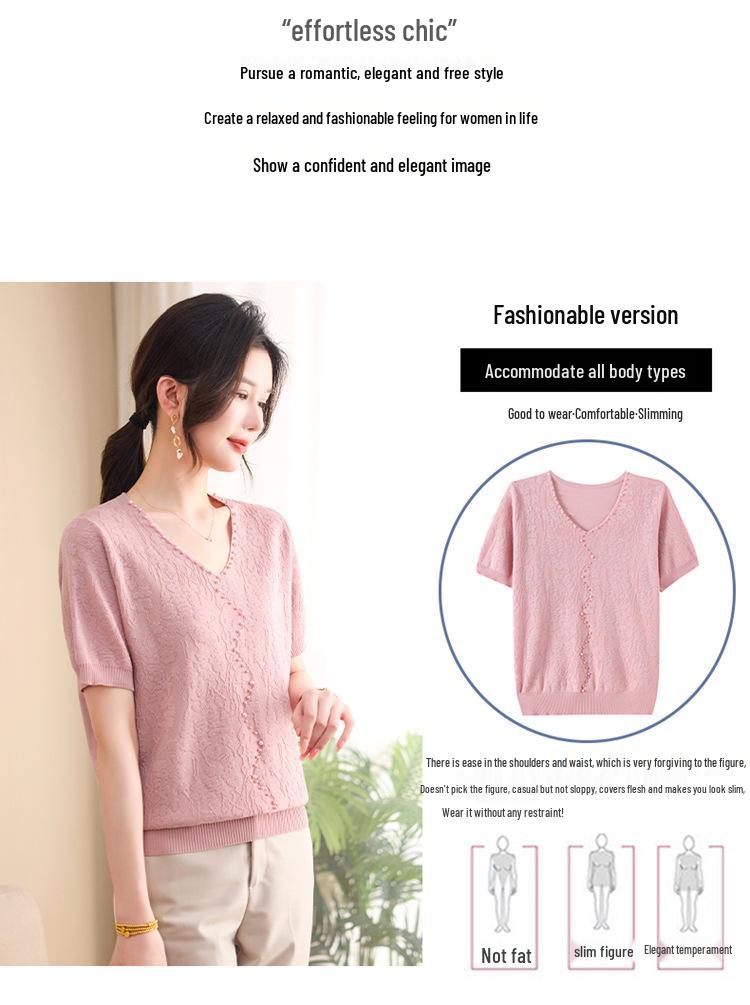 New Chinese Style Beaded Jacquard Tencel Silk Blend Women's Short Sleeve Knit Top