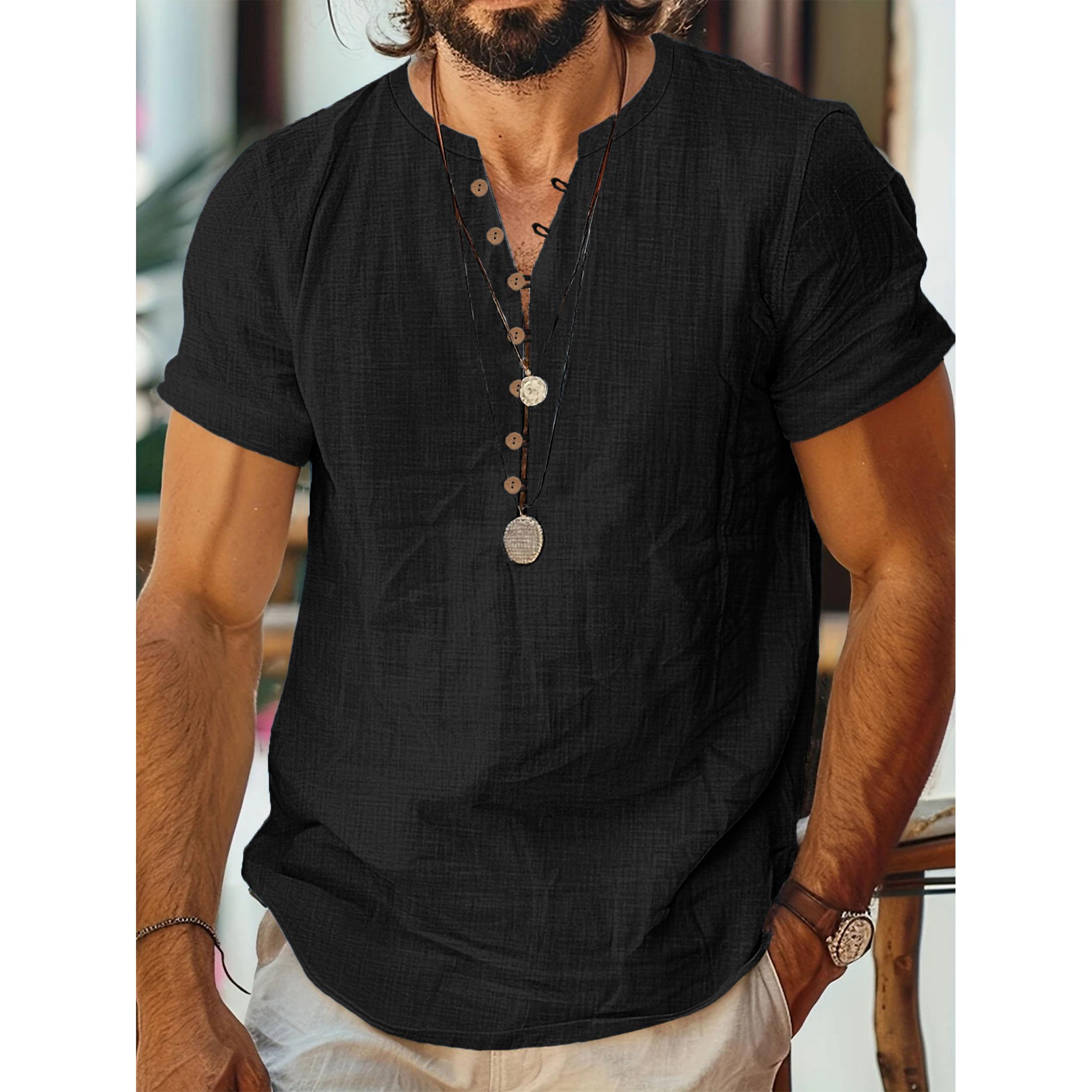 

Новая мужская хлопково-льняная рубашка с коротким рукавом, дизайн на пуговицах, повседневный модный топ для мужчин XL чёрный