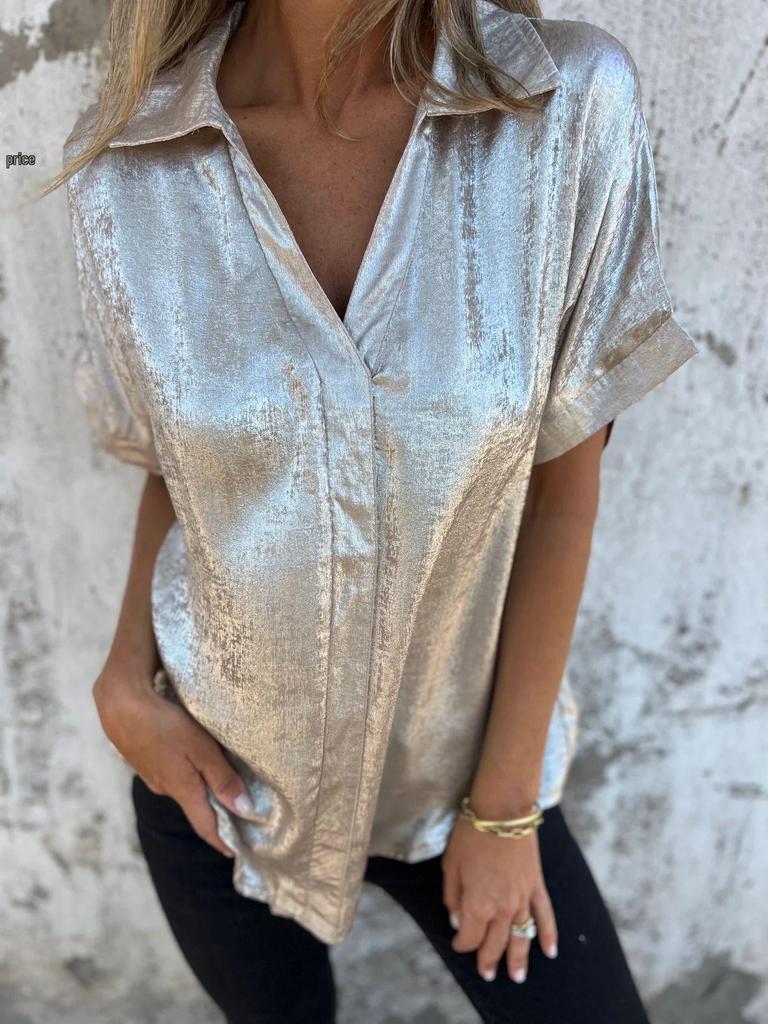 2026 European Summer Casual Loose Lapel Shirt for Women - Hot Stamping Short Sleeve Design