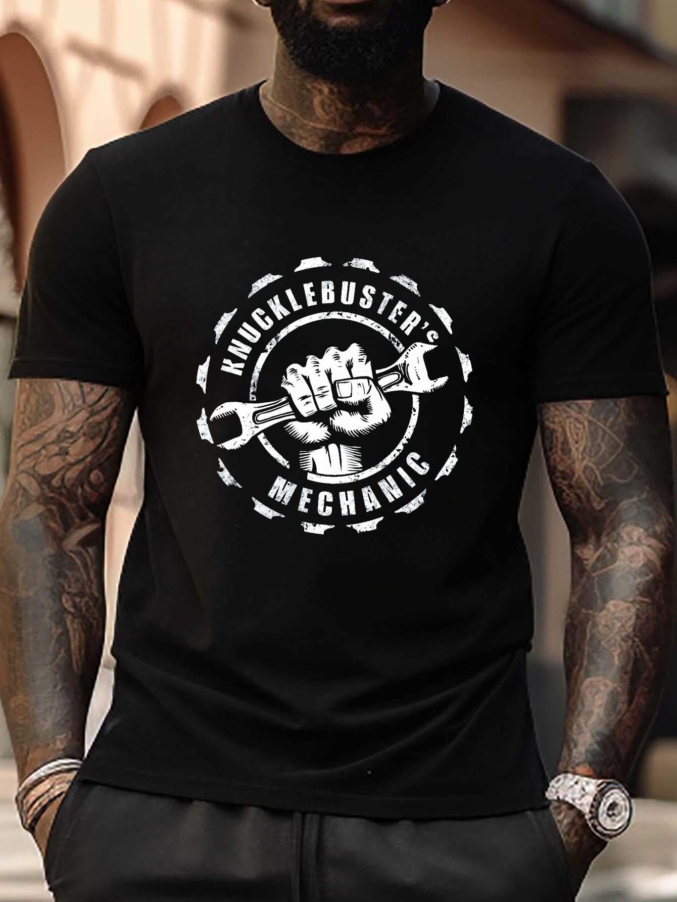 

Plus Size Knucklebuster Mechanic Graphic T-shirt - Black Casual Short Sleeve Tee with Fist Wrench Design XXXXL