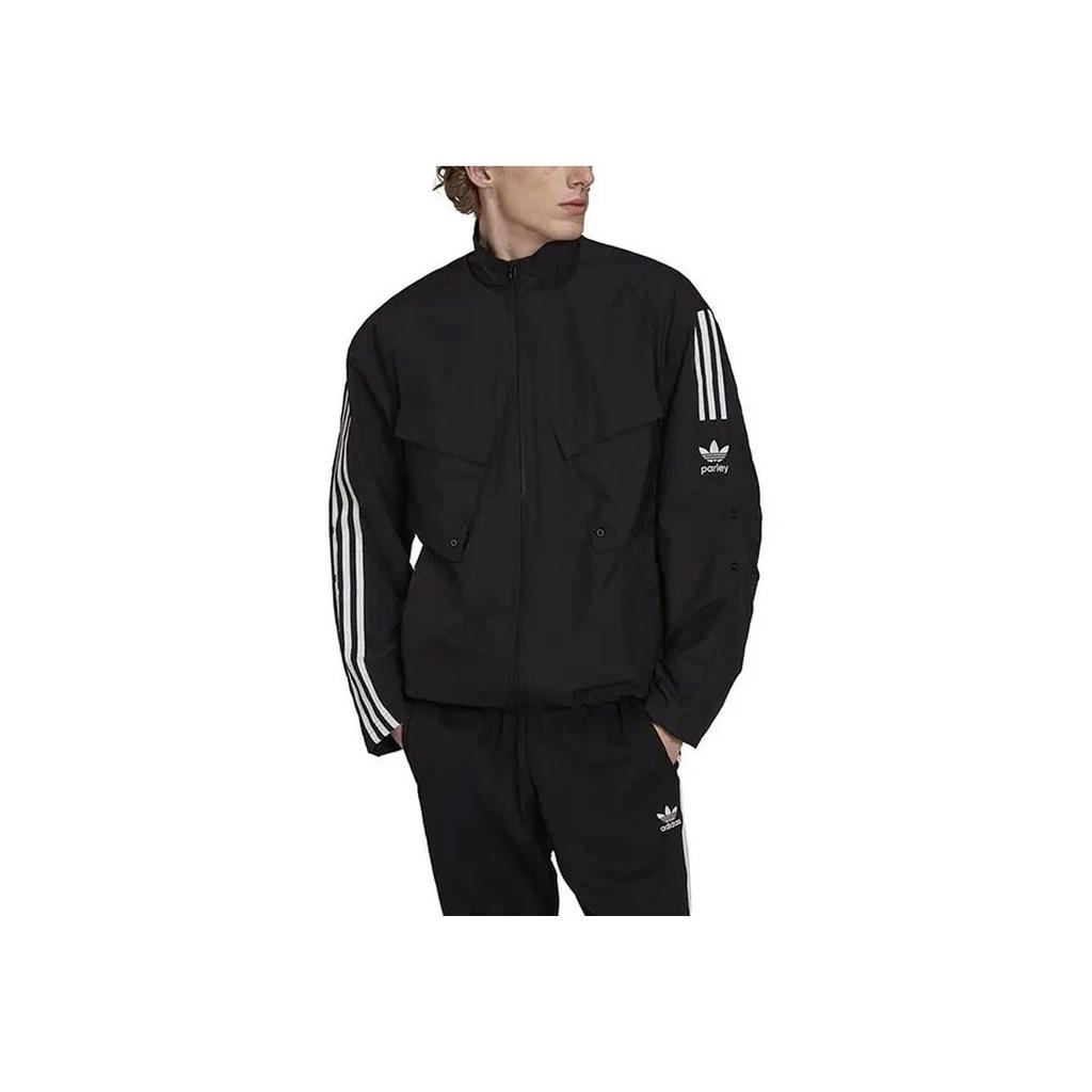 adidas Originals Trefoil Parley TT Stripe Print Logo Zip-Up Jacket Men Outerwear Black HN7030