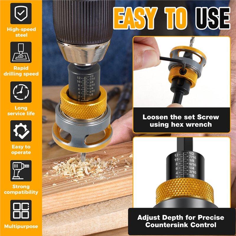 SHGO-Woodworking Adjustable Depth Step Drill High-Speed Steel Limit Four Edge Countersink Drill Screw