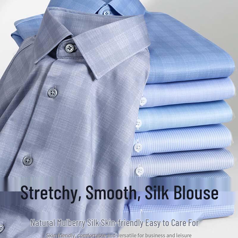 Hengyuanxiang Men's Wrinkle-Resistant Mulberry Silk Blend Long Sleeve Shirt