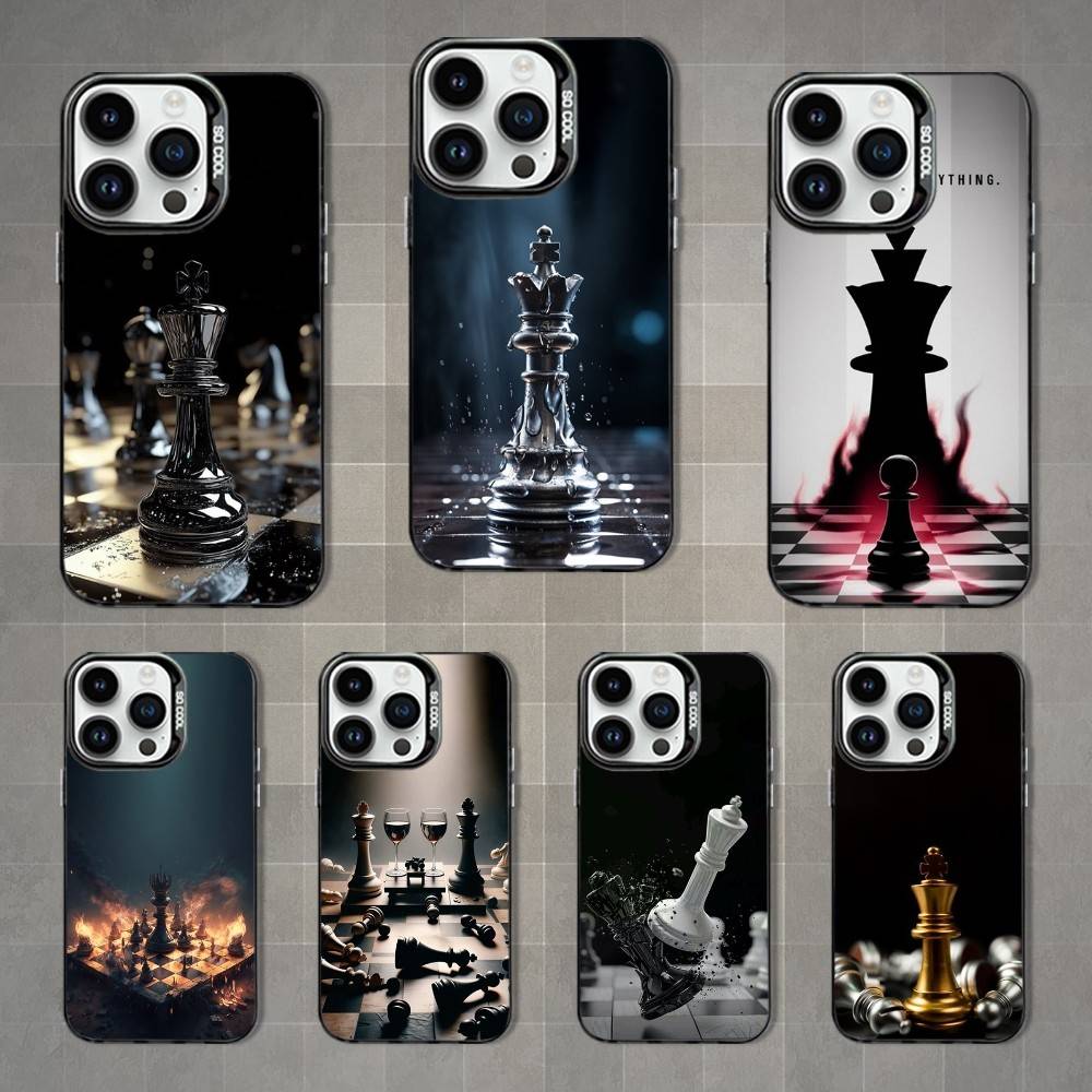 Chess Board Art Pieces Phone Case For iPhone 16,15,14,13,12,11,Mini,Pro,MAX Black Matte Shockproof Cover
