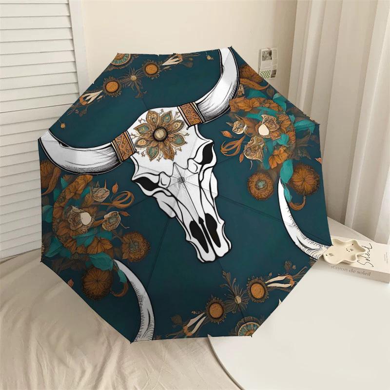 

1PC Bull Skull Floral Umbrella-8-Rib Reinforced Portable Folding Travel Suitable for All Seasons Outdoor Daily Use-H0341